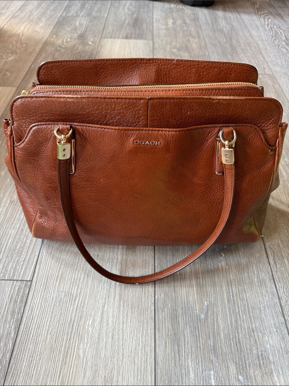 COACH Pebbled Leather Satchel in Chestnut Brown with Gold Hardware